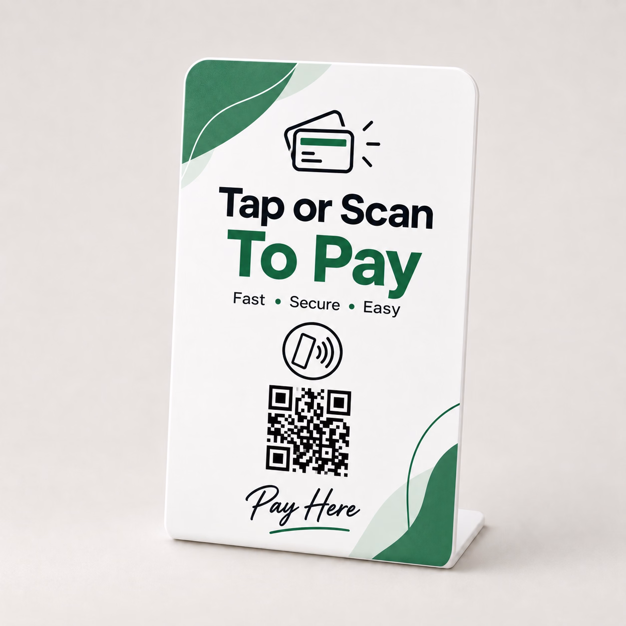 Payment Link Stand in Emerald Wave design with NFC tap symbol and QR code