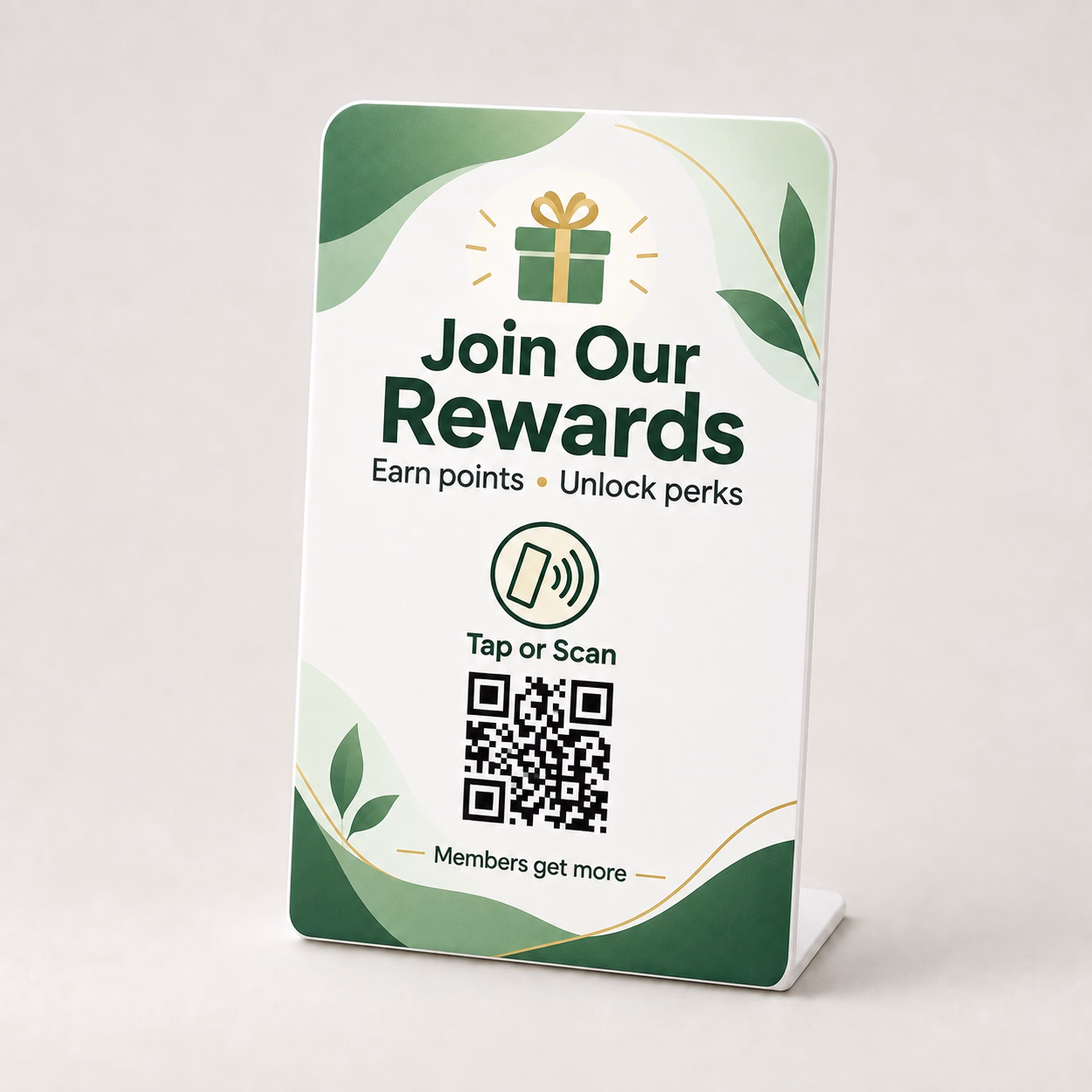 Rewards & Loyalty Stand in Green Botanical design with NFC tap symbol and QR code
