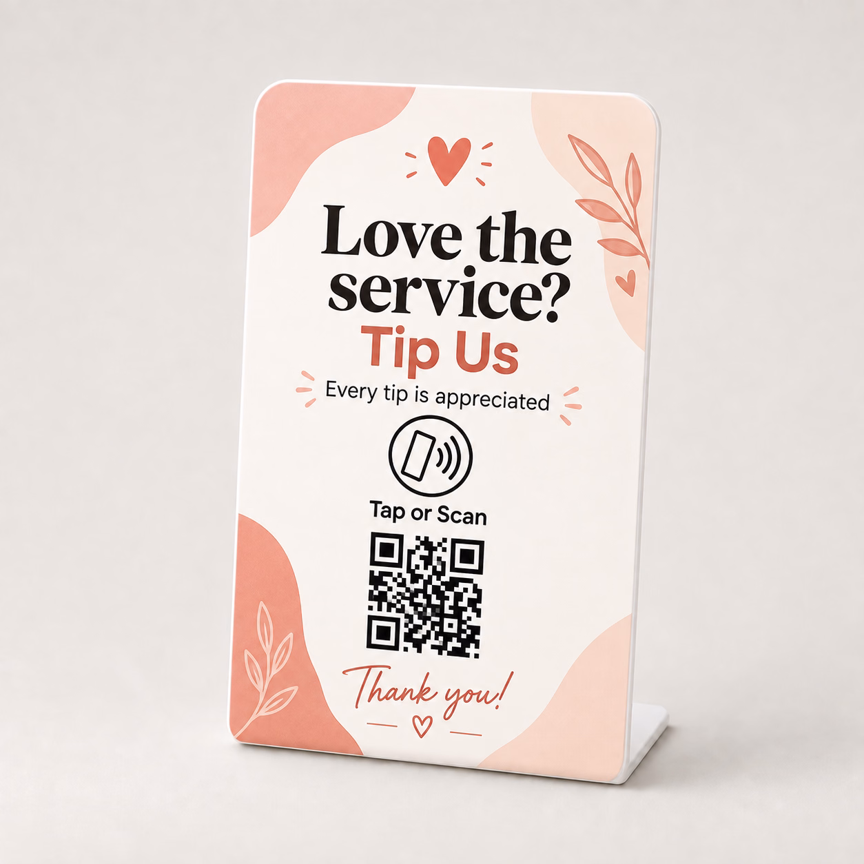 Digital Tip Stand in Blush Botanical design with NFC tap symbol and QR code
